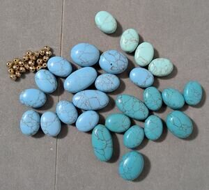 Jewelry Making Bead Lot - 27 Faux Turquoise Ovals & 20 Gold Spacer Beads